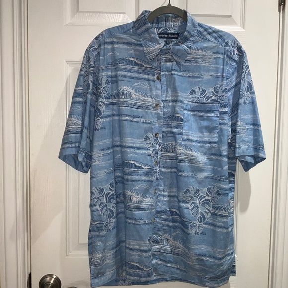 West Marine blue cotton palm surf shirt Sz L short sleeves - Picture 1 of 5